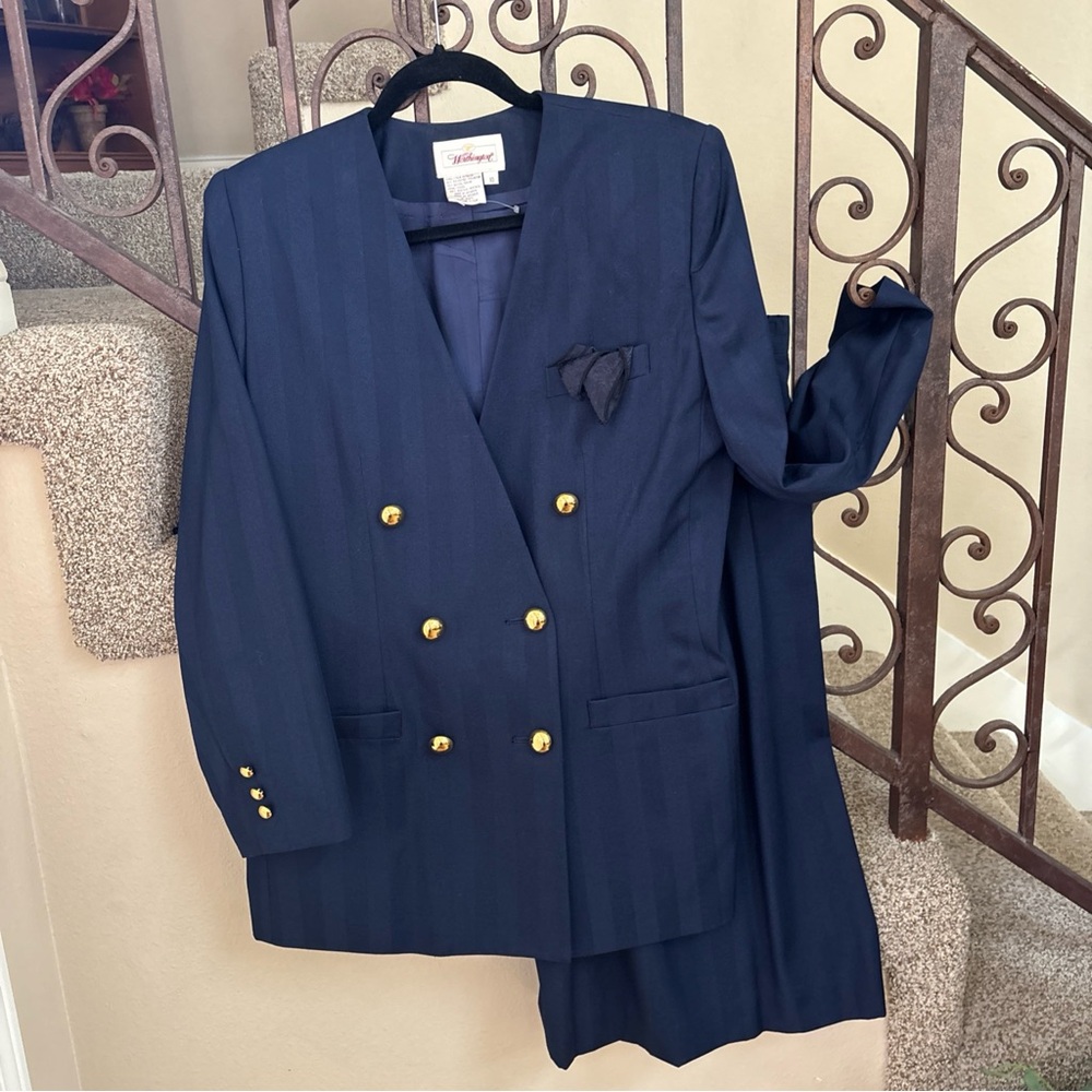 NWOT Vtg 80s Worthington Navy Skirt Suit Sz 10 Sripe Double-Breasted W/Hankie